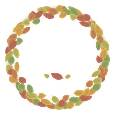 Büyük sonbahar yaprakları kırmızı, sarı, yeşil beyaz arka plan vektör illüstrasyon izole yapılmış basit yuvarlak çelenk.