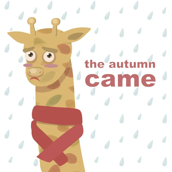 Грустный Оранжевый Жираф Осенних Листьях Красный Шарф Фоне Капли Дождя — стоковый вектор