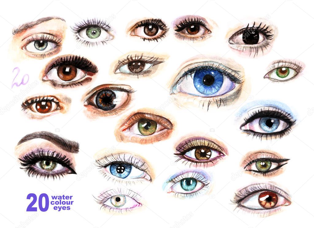 Watercolor painted eyes of different colors with makeup, eyelashes, highlights set.