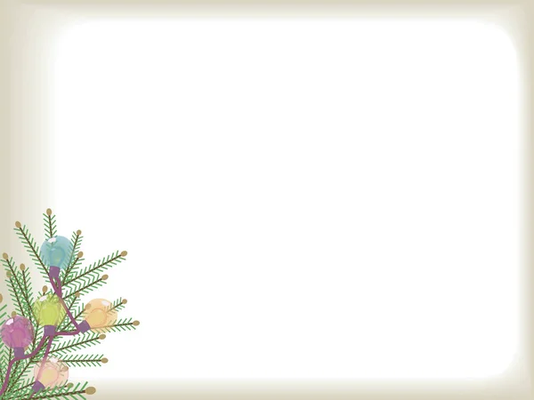 コーナーでクリスマス ツリーの緑の枝とポストカードをベクトルし 白地にマルチカラーのお祝い発光ライトをガラス — ストックベクタ