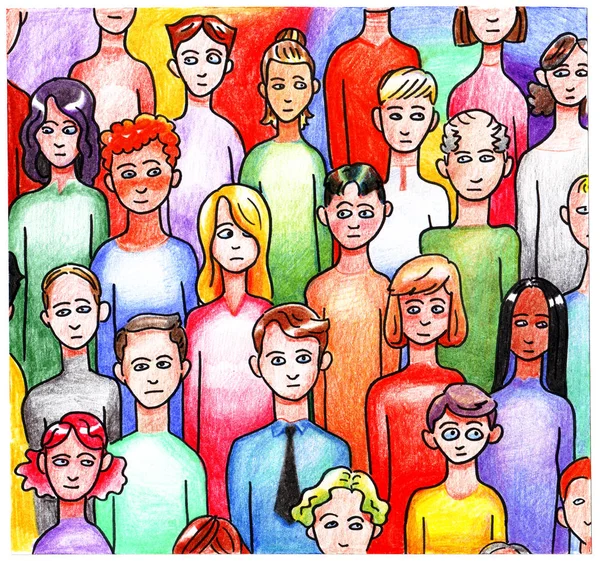 Multicolore luminoso disegno colorato disegnato a mano folla di una folla di varie persone uomini e donne di diverse nazionalità e età sfondo . — Foto Stock