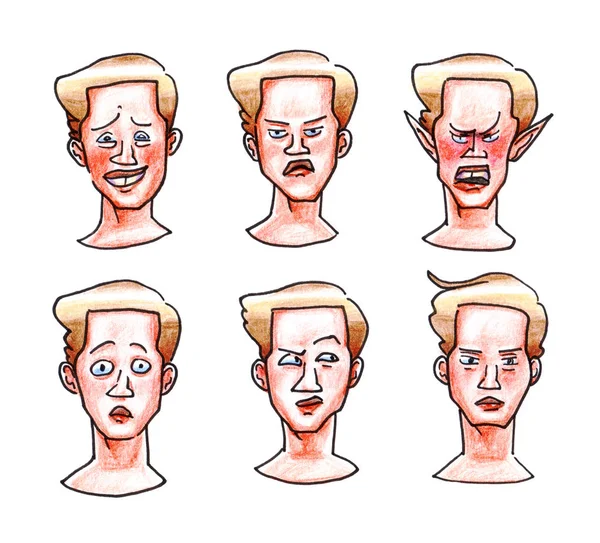 Color drawing by hand of emotions blond guy awkwardness anger surprise indifference isolated on white background faces. — Stock Photo, Image