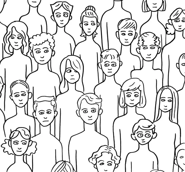 Bianco e nero contorno disegno disegnato a mano folla di una folla di varie persone uomini e donne sfondo . — Foto Stock