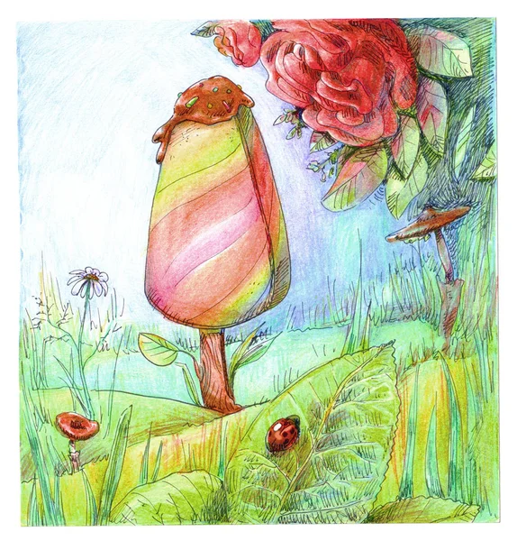 Ручная иллюстрация с зеленой лесной поляной, на которой цветное радужное мороженое растет на палочке, с красными розами и красной божьей коровкой на зеленом листе . — стоковое фото