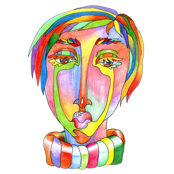 Tête humaine multicolore abstraite peinte avec des crayons de couleur aux cheveux courts et aux yeux indifférents, vêtue d'un pull à col rayé, isolée sur un fond blanc . — Photo