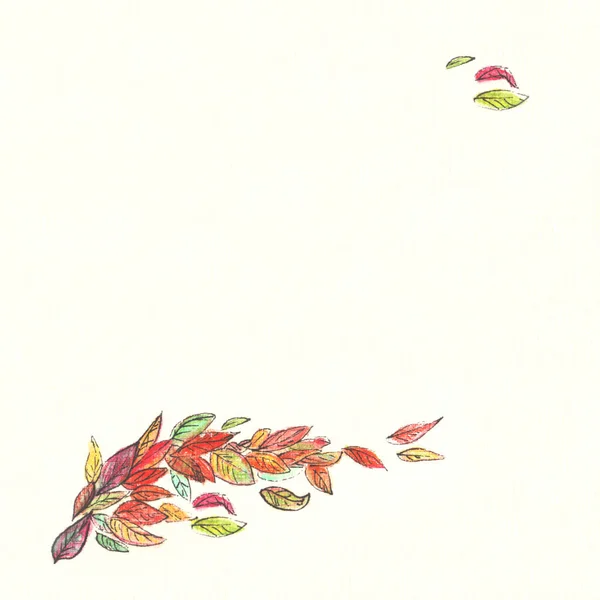 Square drawing flying multicolored autumn leaves in the wind drawn with watercolor pencil card on the pale yellow background of watercolor paper.