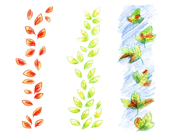 Zielone liście pionowy prosty wzór rysowane ręcznie z kredki jasny zestaw elementów na białym tle na białym tle. — Zdjęcie stockowe