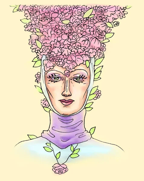 Tête de femme coiffée d'une coiffure médiévale avec un regard d'amour calme et des pétales de fleurs sur sa tête, beauté dans un chapeau fait de fleurs motif de couleur pastel en relief sur un fond jaune clair . — Photo