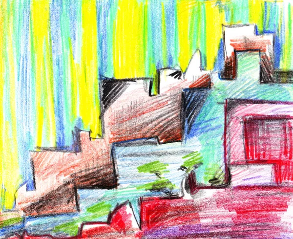 Abstracte diagonale slordig veelkleurige patroon met contrasterende daken van helder gekleurde huizen op een straat van een zuidelijke stad, met de hand getekend met kleurpotloden geïsoleerd op een witte achtergrond. — Stockfoto