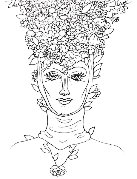 Femme tête noire et blanche dans une coiffure médiévale avec un regard d'amour calme et pétales de fleurs sur sa tête, la beauté dans un chapeau fait de fleurs sur un fond blanc . — Photo