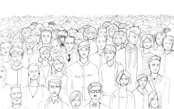 Contorno blanco y negro de una multitud de personas dibujando a mano con un revestimiento sobre un fondo blanco con un área en blanco en la parte superior . — Foto de Stock