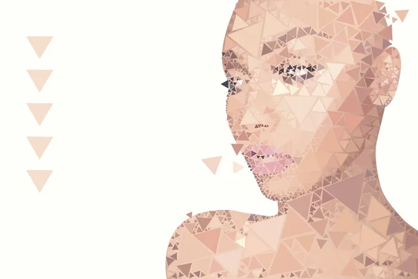 En blanco con un retrato vectorial de una chica de hombro con una delicada piel rosa, con maquillaje, que consiste en un mosaico de cuadrados rosados idénticos de diferentes tonos que sobresalen del contorno de la cara, iso — Vector de stock