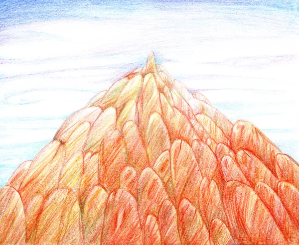 Illustration drawn by hand with colored pencils, a large pointed rock of orange rounded stones against a blue sky with clouds. — Stock Photo, Image