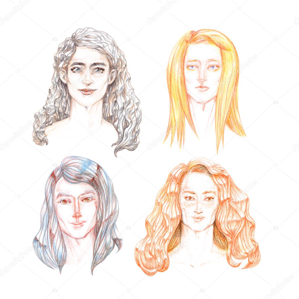 A set of four portraits of young men with long hair of different colors, drawn by hand with colored pencils, isolated objects on a white background.