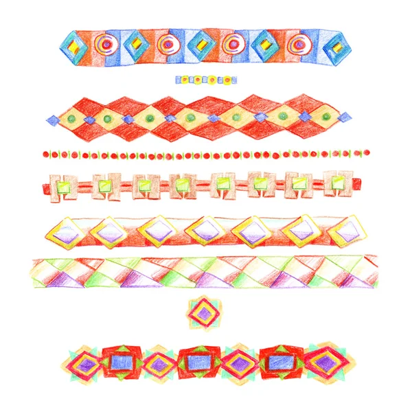 Rayas de ornamentos étnicos multicolores dibujados a mano con lápices de colores con rombos y cadenas, aislados sobre objetos de fondo blanco . — Foto de Stock