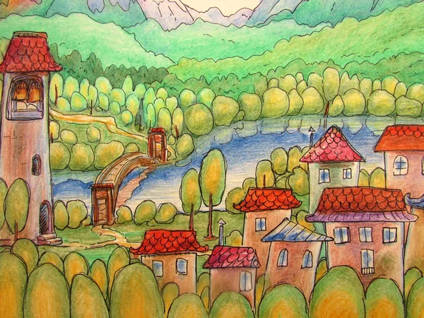 Een kleurrijk sprookjesachtige landschap met een kleine stad met huizen en een toren, een rivier, bergen en een bos. — Stockfoto