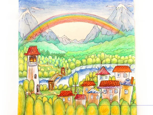 Färgglada sagolikt landskap med en liten stad, en flod, berg och en regnbåge med färgade blyertspennor. — Stockfoto