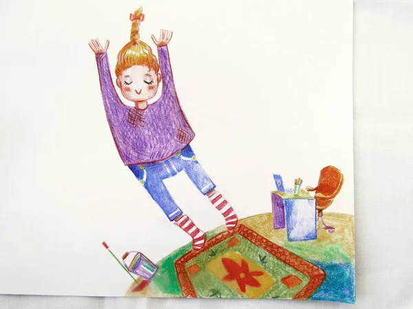 Ilustración de una linda chica en un suéter púrpura y calcetines a rayas saltando desde el planeta con el trabajo en el espacio . — Foto de Stock