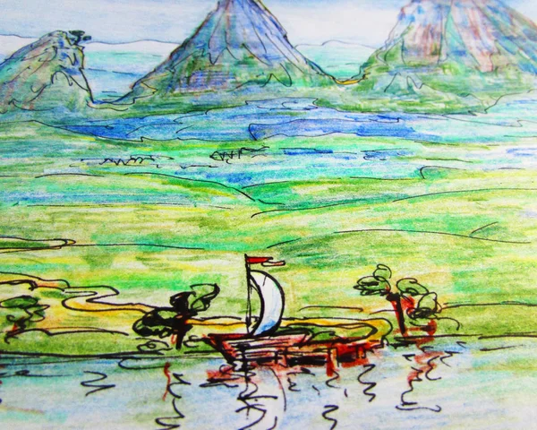 Hand-drawn illustration of a mountain, a green valley and a small boat with a white sail on the river water.