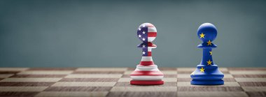 ABD ve Avrupa Birliği çatışması. Satranç tahtasındaki satranç piyonu üzerinde taşra bayrakları. 3B illüstrasyon.