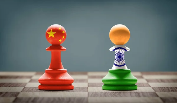 中印冲突 棋盘上的国际象棋棋子上挂着国旗 3D插图 — 图库照片