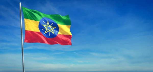 Bandeira Nacional Etiópia Soprando Vento Frente Céu Azul Claro — Fotografia de Stock