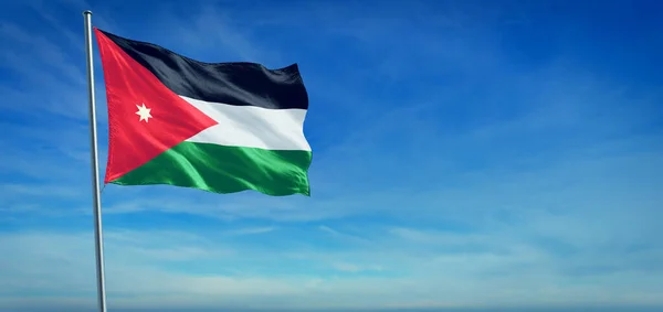 Εθνική Σημαία Της Ιορδανίας Φυσάει Στον Άνεμο Μπροστά Από Έναν — Φωτογραφία Αρχείου