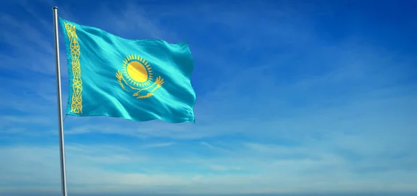 Bandera Nacional Kazajstán Ondeando Viento Frente Cielo Azul Claro — Foto de Stock