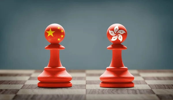 中国与香港的冲突 棋盘上的国际象棋棋子上挂着国旗 3D插图 — 图库照片