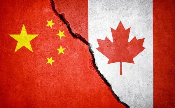 China and Canada conflict. Country flags on broken wall. Illustration.