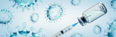 Coronavirus Covid-19 SARS-CoV-2 virüsü ile aşı veya uyuşturucu konsepti resmi - panoramik bayrak