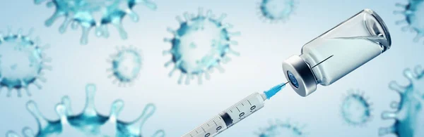 コロナウイルスCovid Sars Cov 2ウイルスによるワクチンまたは薬物の概念図 パノラマバナー — ストック写真