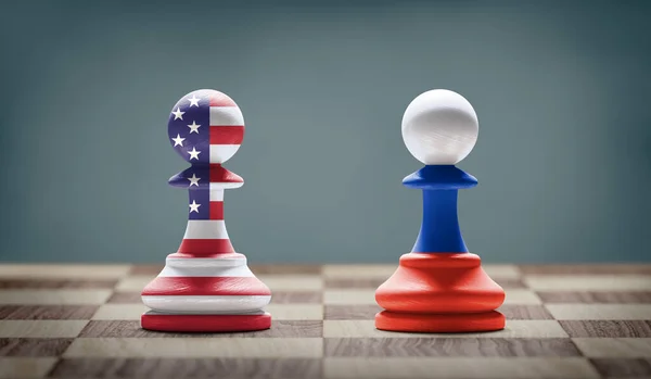ABD ve Rusya çatışması. Satranç tahtasındaki satranç piyonu üzerinde taşra bayrakları. 3B illüstrasyon.