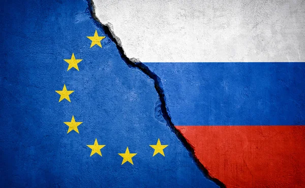 Конфликт Между Россией Флаги Страны Сломанной Стене Иллюстрация — стоковое фото