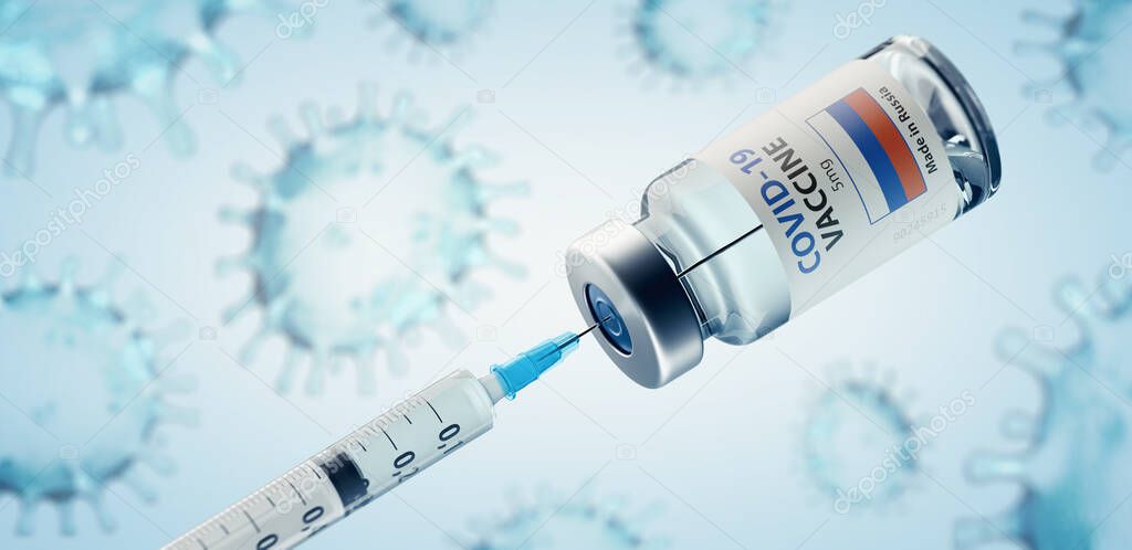 Russian COVID-19 Coronavirus Vaccine and Syringe Concept Image.