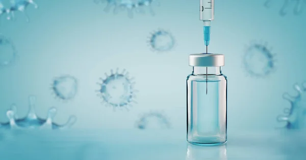 Coronavirus Covid-19 SARS-CoV-2 virüsü ile aşı veya uyuşturucu konsepti resmi - panoramik bayrak