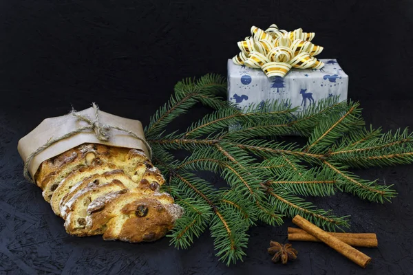 Traditional German Christmas Pastry Stollen Black Background Fir Branches Spices — Stock Photo, Image