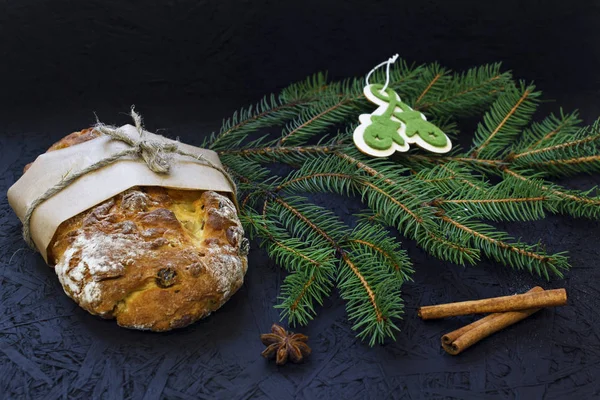 Traditional German Christmas Pastry Stollen Black Background Fir Branches Spices — Stock Photo, Image