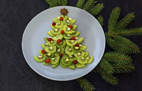 Kiwi Slices Laid Out Plate Shape Christmas Tree Black Background — Stock Photo, Image