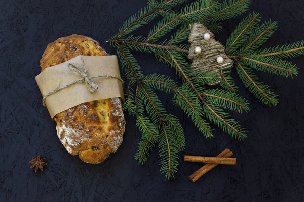 Traditional German Christmas Pastry Stollen Black Background Fir Branches Spices — Stock Photo, Image