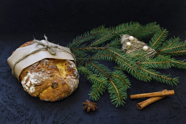 Traditional German Christmas Pastry Stollen Black Background Fir Branches Spices — Stock Photo, Image