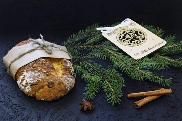 Traditional German Christmas Pastry Stollen Black Background Fir Branches Spices — Stock Photo, Image