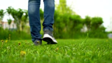 Çimlerin üzerindeki ayak izleri bulanık bir arka planla büyük. Baharda parlak yeşil çimlerde yürüyen spor ayakkabılı ve kotlu bir adamın ayaklarının yakın çekimi..
