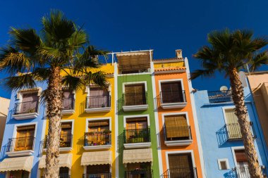 Arka planda palmiye ağaçları Güney İspanya 'da deniz kenarındaki villa Villajoyosa' da renkli evler.