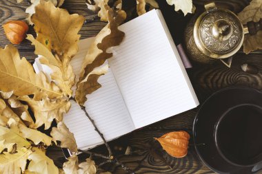 Günlük, sıcak kahve, sonbahar meşe yaprakları, Türk cezve ahşap arka plan üzerinde. Uzay kopyalayın. Rahat. Sonbahar konsepti.