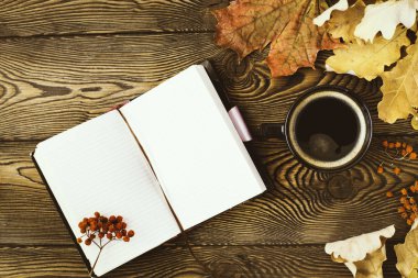 Üstten görünüm günlüğün bir ahşap arka plan üzerine bir fincan sıcak kahve, sonbahar meşe yaprakları ve üvez meyveleri. Uzay kopyalayın. Rahat. Sonbahar konsepti.