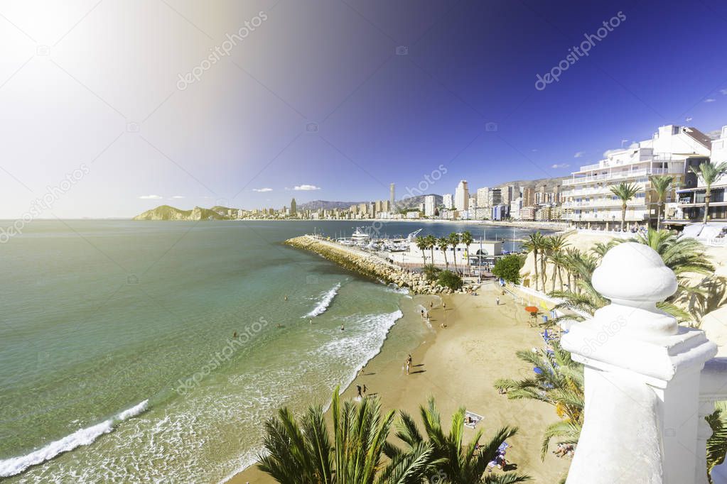 Benidorm balcony - view of Poniente beach, port, skyscrapers and mountains, Spain.