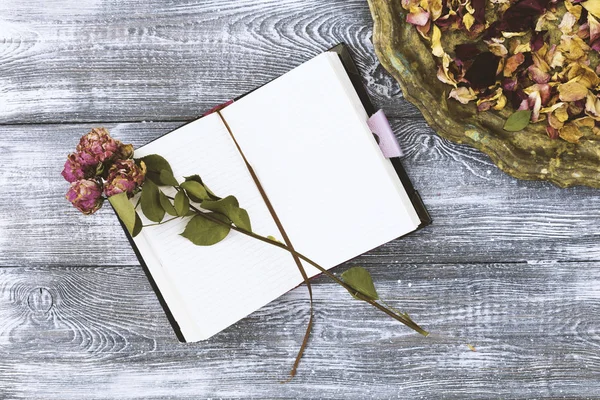 Top View Vintage Tray Petals Dried Rose Flowers Diary Notebook — Stock Photo, Image