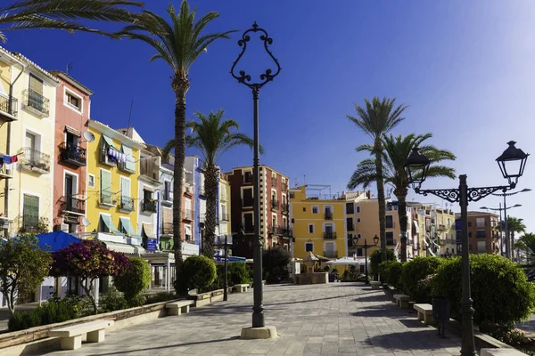 Beautiful promenade with flowers, palm trees, trees against the colorful houses of the ancient city of Villajoyosa Spain