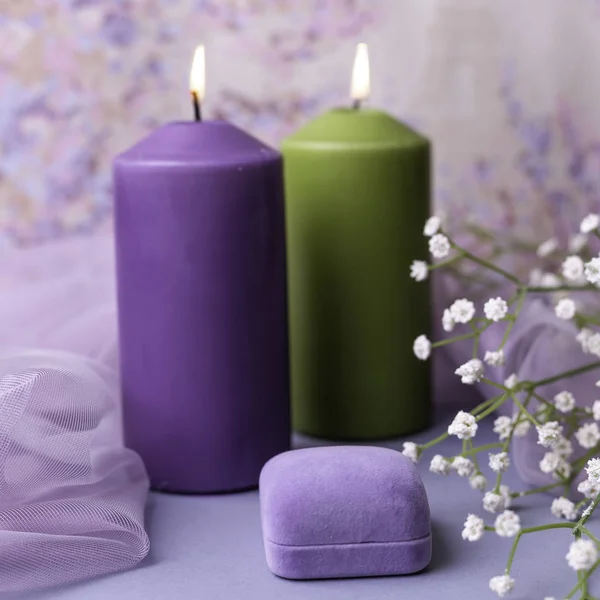 Fondo San Valentín Boda Velas Flores Regalo Forma Corazón Tonos — Foto de Stock